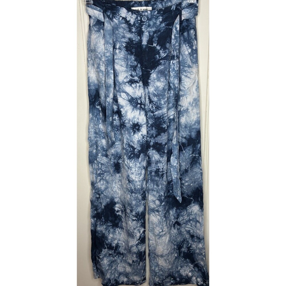 Cloth & Stone Anthro Venice wide leg pants Sz S blue tie-dye hi-rise tie belt
